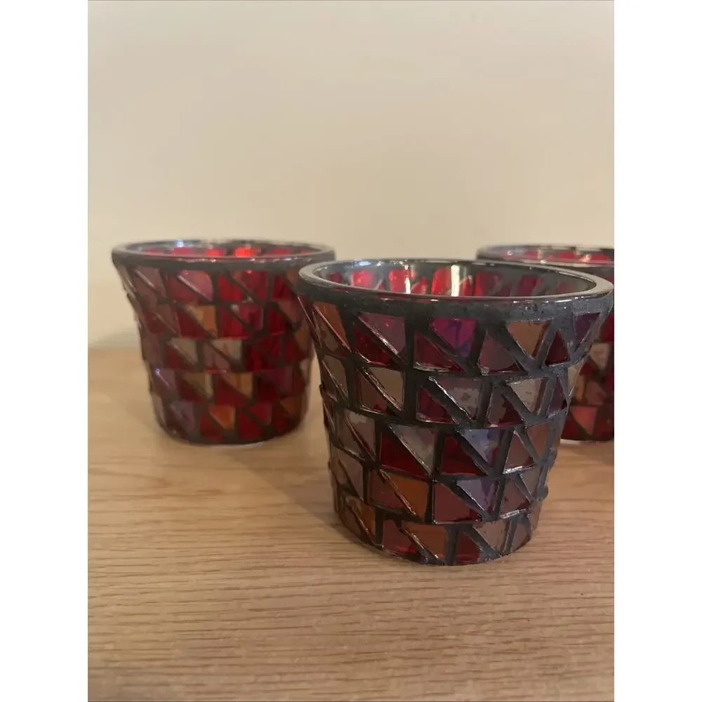 (Set of 4) VTG 2.75” H Pier 1 Red/Gray Mosaic Tea Light Votive Candle Holders